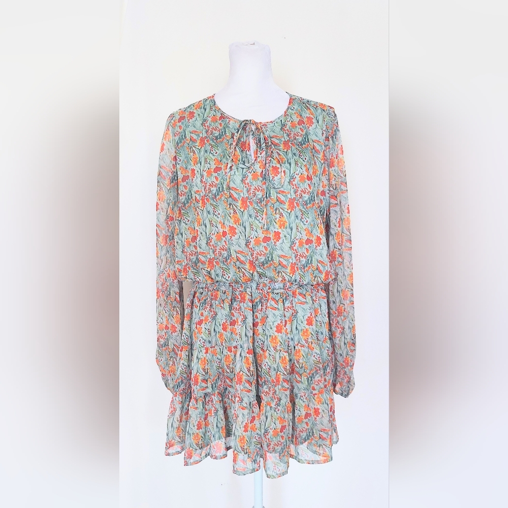Easel Long Sleeve Smocked Ruffle Tiered Chiffon Dress Size Large